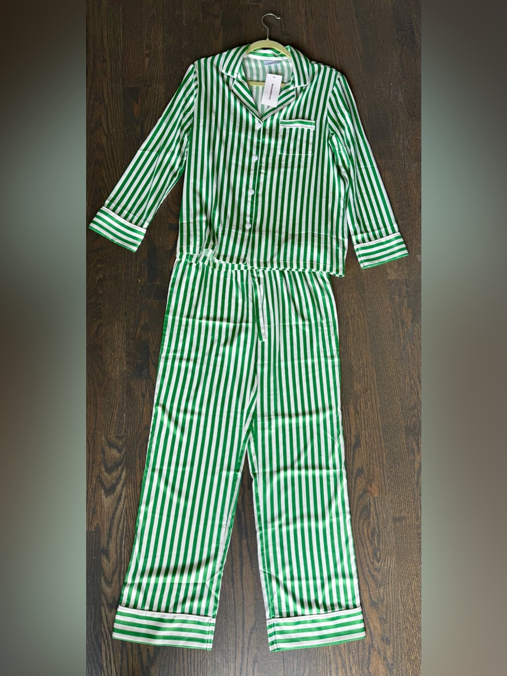 NWT! Women’s Green Striped Silk Pajama Set - Classic Button-Front Top & Pants